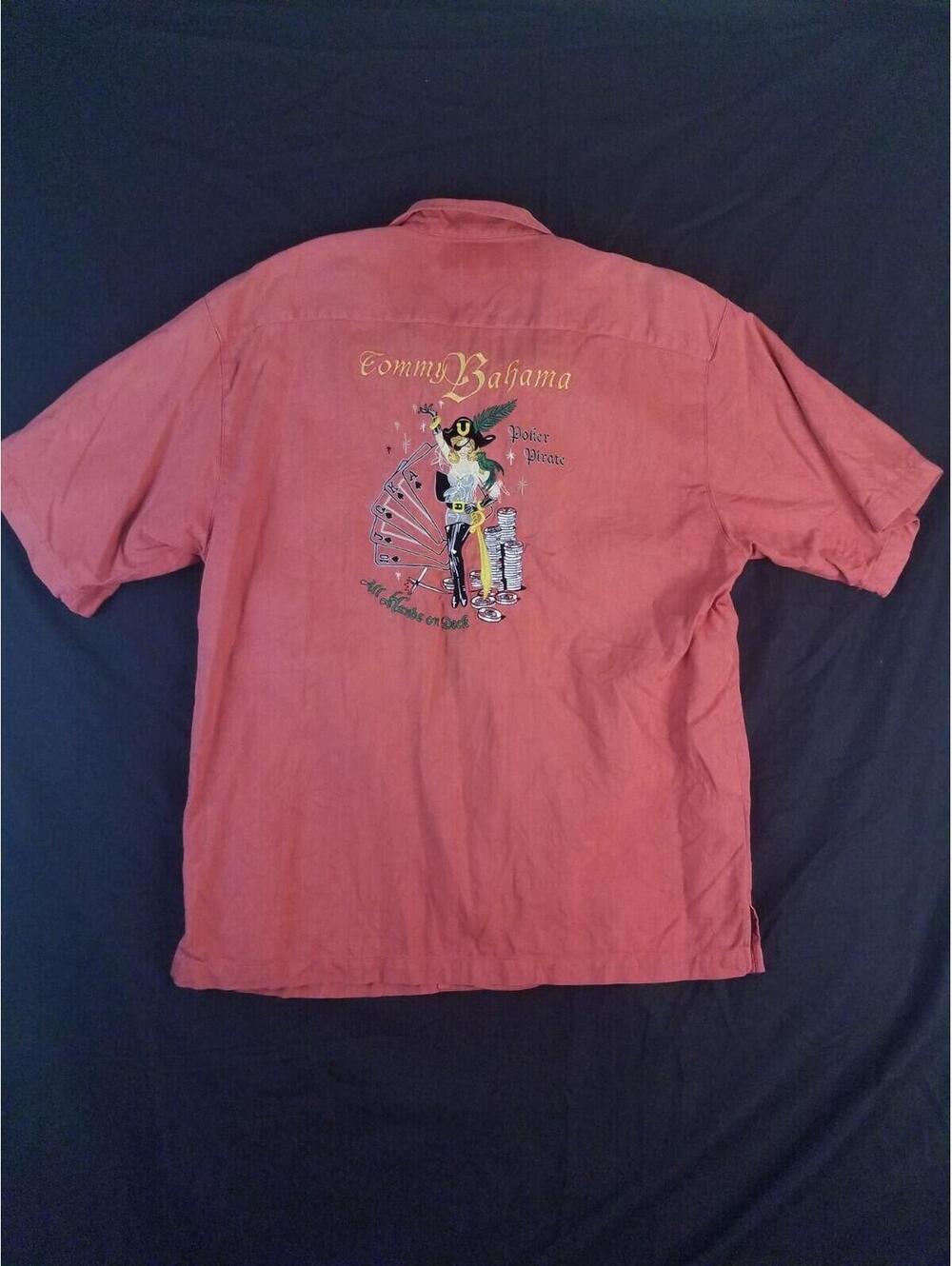 Tommy Bahama Embroidered Shirt Mens L Red Silk Short Sleeve Poker Girl Button Up